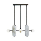 Front elevation of the Clérachic Alabaster 5-Light Linear Island Pendant unlit, full drop rods and cool grey stone shades shown to scale.