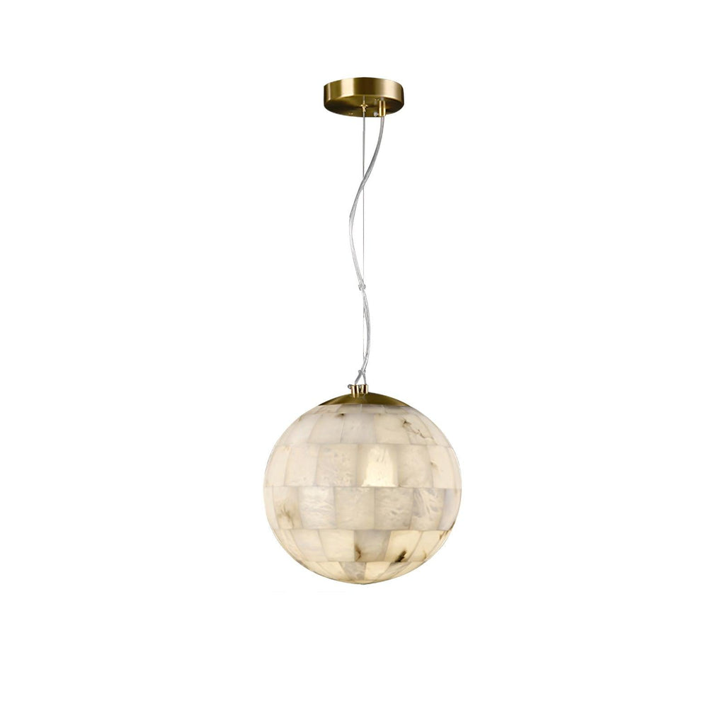 Clérachic alabaster ball pendant, tiled stone sphere hung from a brass canopy on a clear cable.