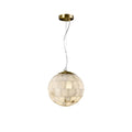 Clérachic alabaster ball pendant, tiled stone sphere hung from a brass canopy on a clear cable.
