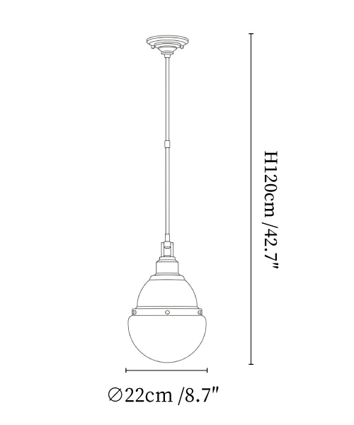 Clérachic pendant light dimension drawing, 1 of 2, every measurement marked in centimetres and inches.