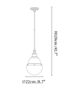 Clérachic pendant light dimension drawing, 1 of 2, every measurement marked in centimetres and inches.