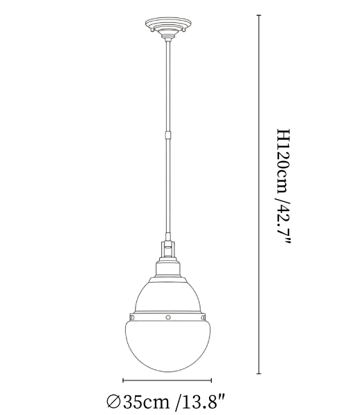 Clérachic pendant light dimension drawing, 2 of 2, every measurement marked in centimetres and inches.