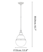 Clérachic pendant light dimension drawing, 2 of 2, every measurement marked in centimetres and inches.