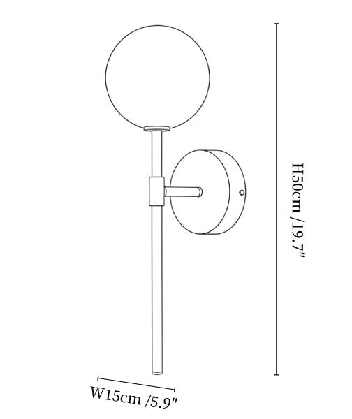 Clérachic wall light dimension drawing, every measurement marked in centimetres and inches.