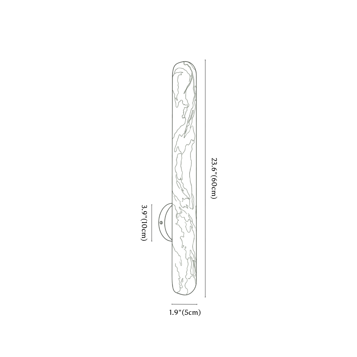 Clérachic wall light dimension drawing, 2, every measurement marked in centimetres and inches.