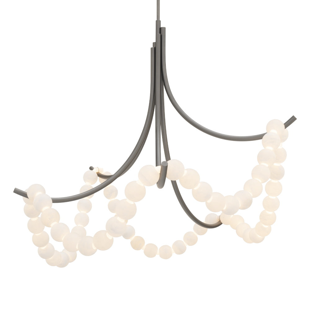 The Clérachic Alabaster Bead Chandelier in brushed nickel, cool grey arms holding the same glowing strands of stone beads.