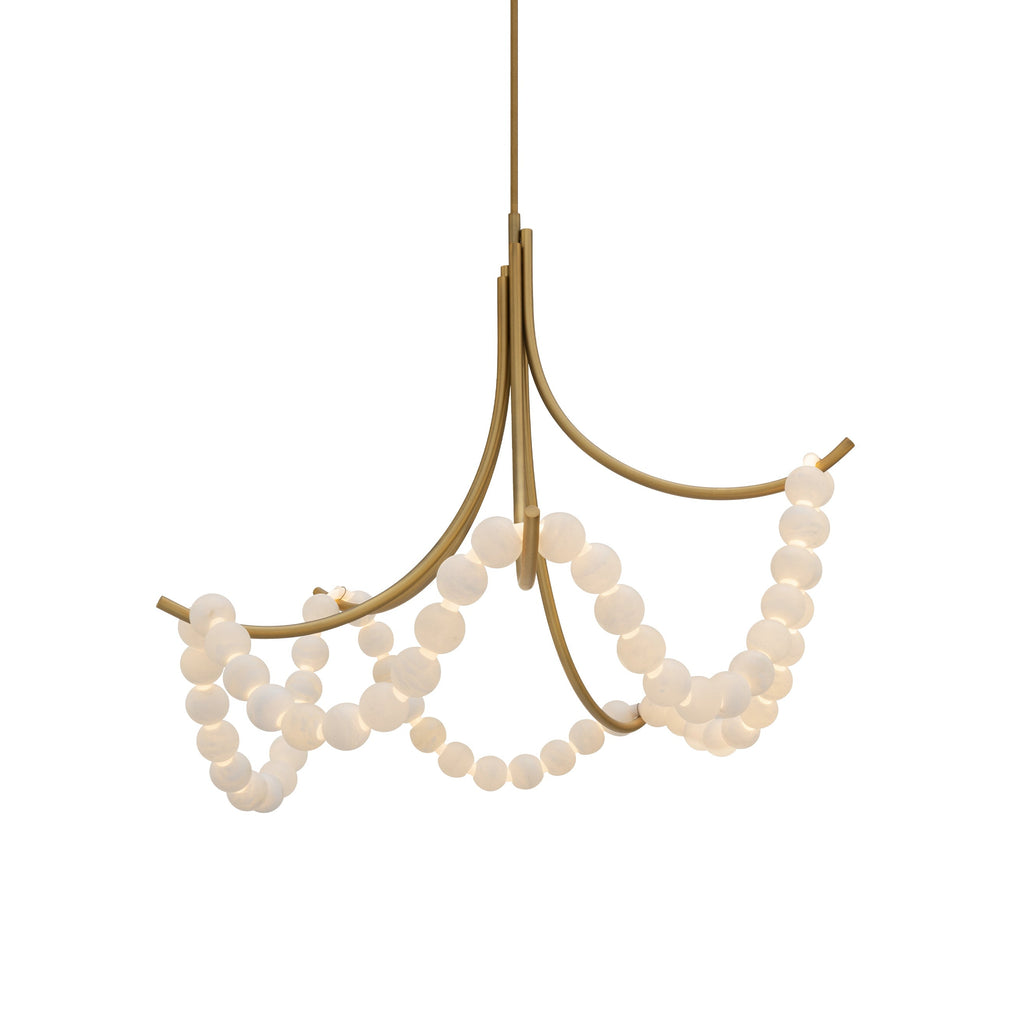 Clérachic Alabaster Bead Chandelier hanging from its slim brass stem, the full drop of arms and bead swags in view.