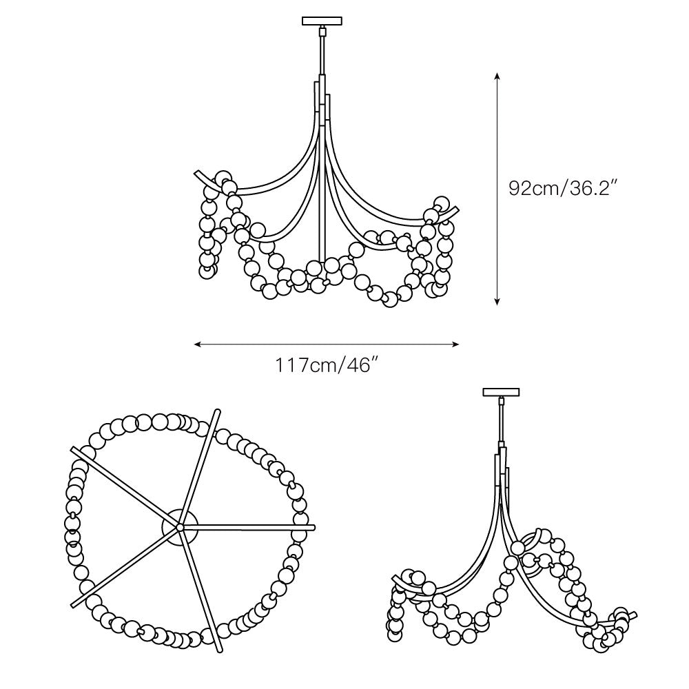 Dimension drawing for the Clérachic Alabaster Bead Chandelier, 117cm/46″ wide and 92cm/36.2″ high, with a five-arm plan view.