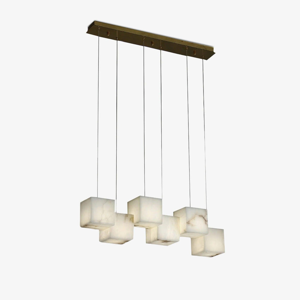 The seven-cube Clérachic box chandelier on white, cubes hung at two staggered heights.