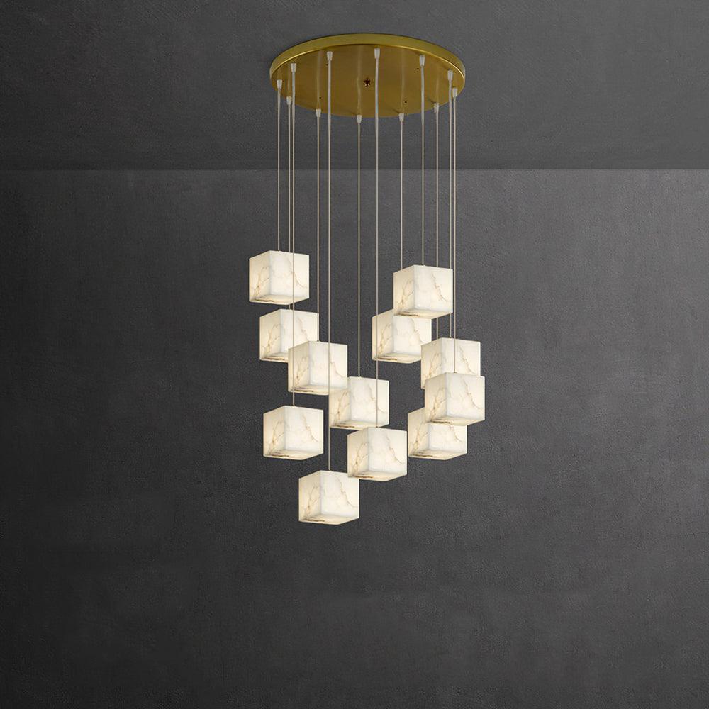 The Clérachic box pendant in a spiral drop from a round brass canopy, twelve cubes deep.