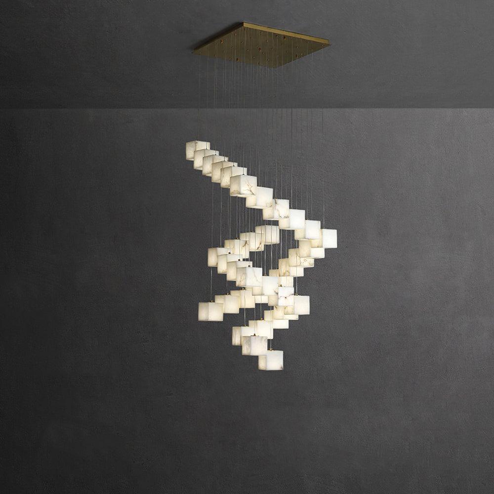 Clérachic box pendant in a tall spiral, cubes winding down for a double-height space.