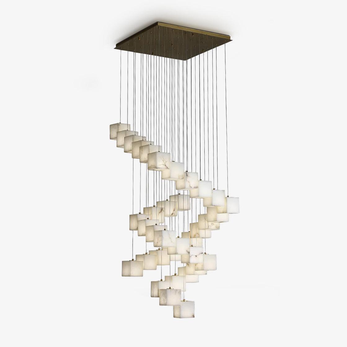 The same Clérachic spiral shown on white, its full drop from canopy to lowest cube.