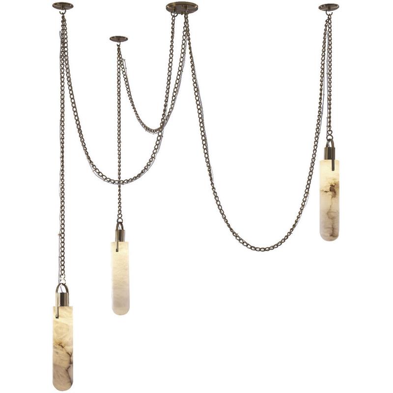 Clérachic Alabaster Capsule Pendant Light with three heads, each capsule dropping from its own swagged chain at a different height.