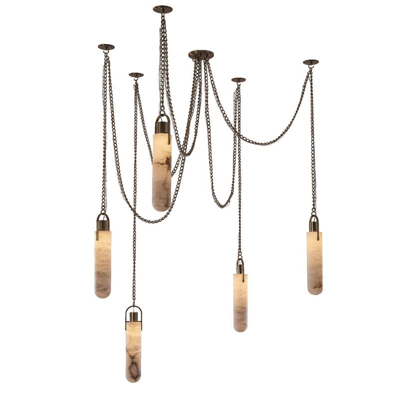 Clérachic Alabaster Capsule Pendant Light in the five-head configuration, chains draping from one canopy to five staggered capsules.