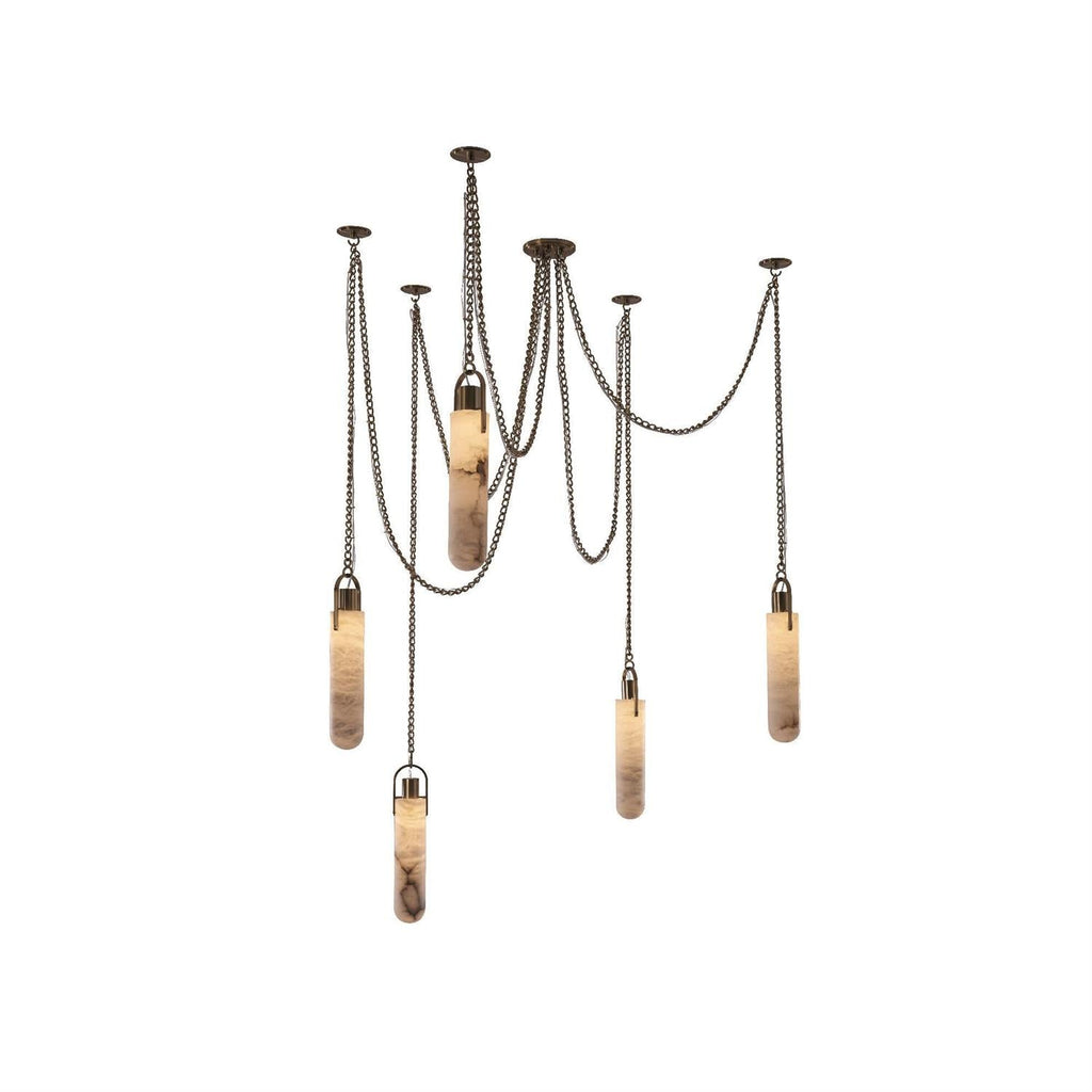 The Clérachic Alabaster Capsule Pendant Light spread wide as a five-head cluster, chains swagging across the ceiling plates.