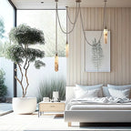 Clérachic Alabaster Capsule Pendant Light hung beside a bed in a bright panelled bedroom, chains swagging above the headboard.