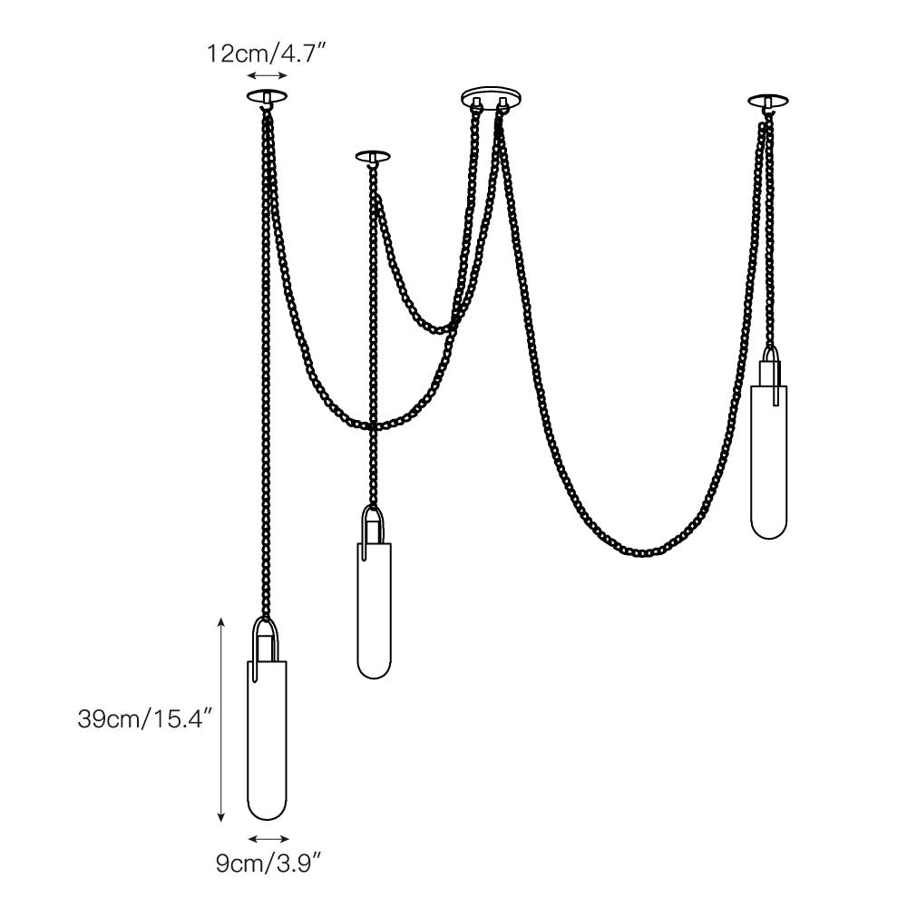 Dimension drawing for the three-head Clérachic alabaster capsule pendant: 12 cm (4.7″) canopy, each shade 9 cm (3.5″) by 39 cm (15.4″).