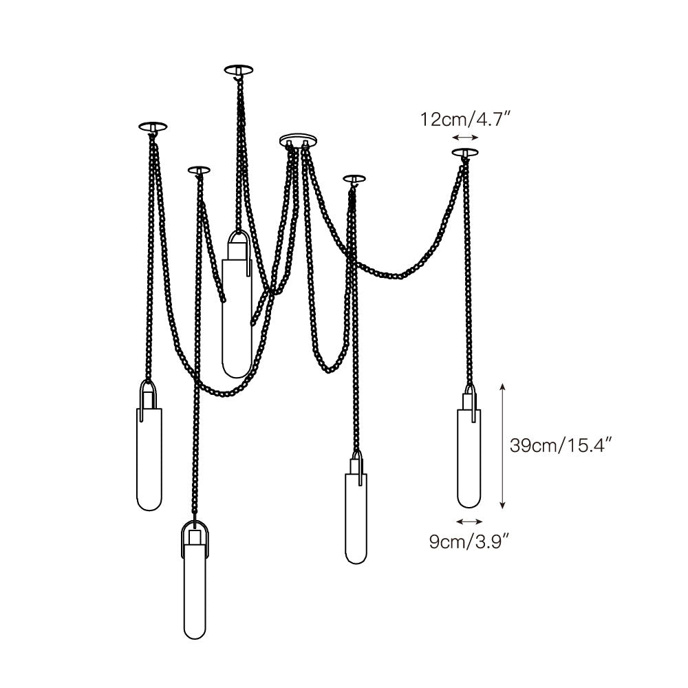 Dimension drawing for the five-head Clérachic alabaster capsule pendant: 12 cm (4.7″) canopy, each shade 9 cm (3.5″) by 39 cm (15.4″).