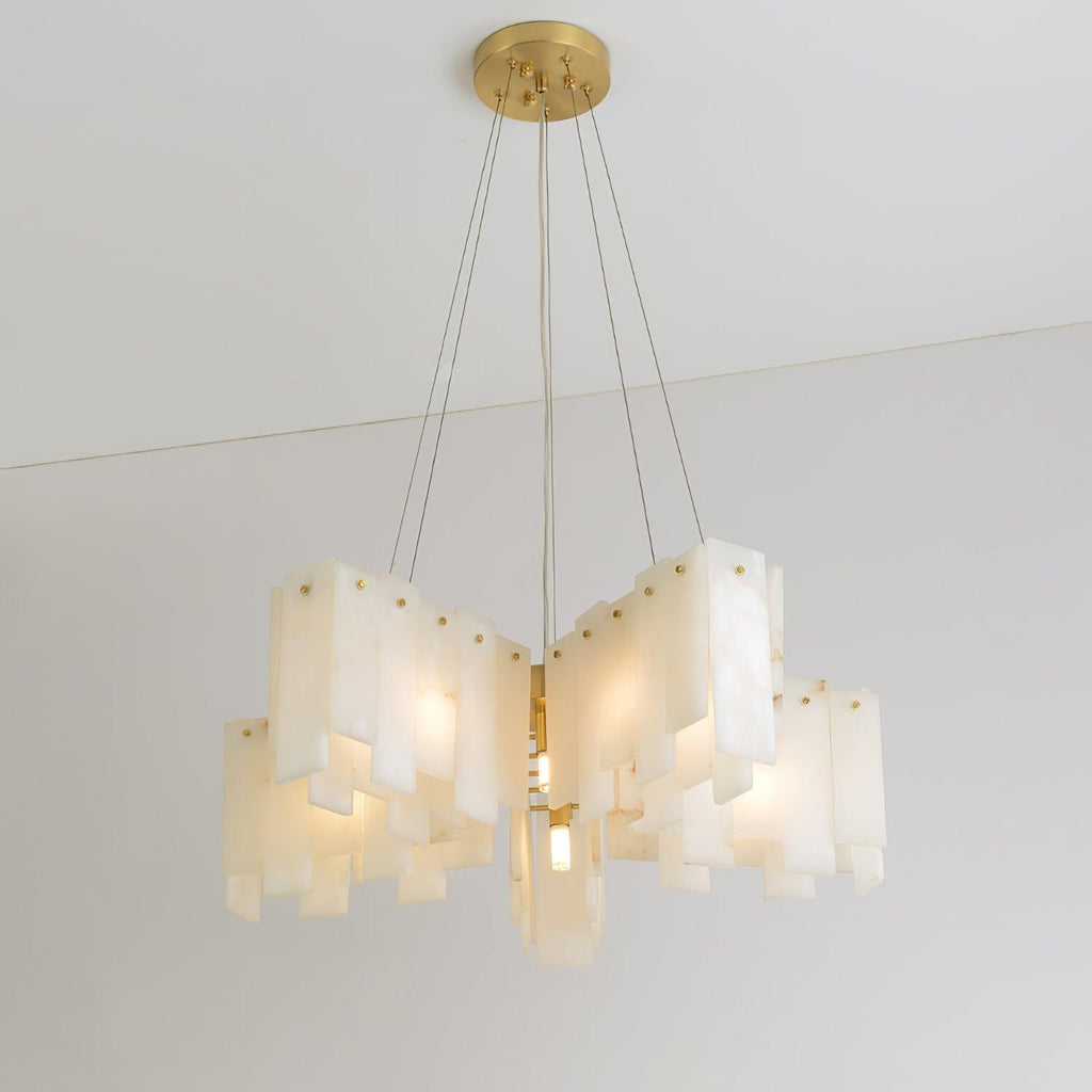 Clérachic cascade chandelier in a stepped square form, alabaster blocks around a brass column.
