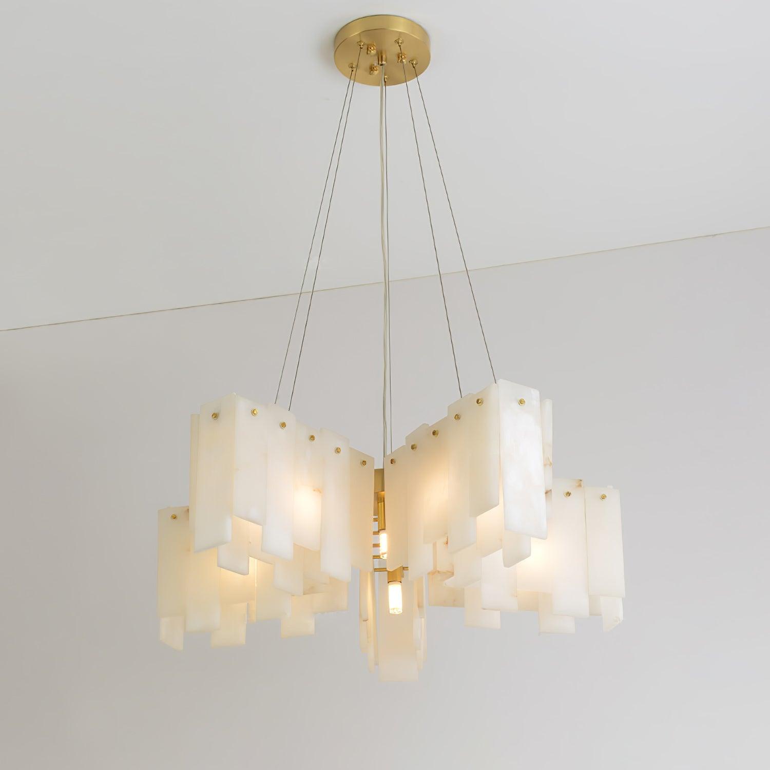 Clérachic cascade chandelier in a stepped square form, alabaster blocks around a brass column.