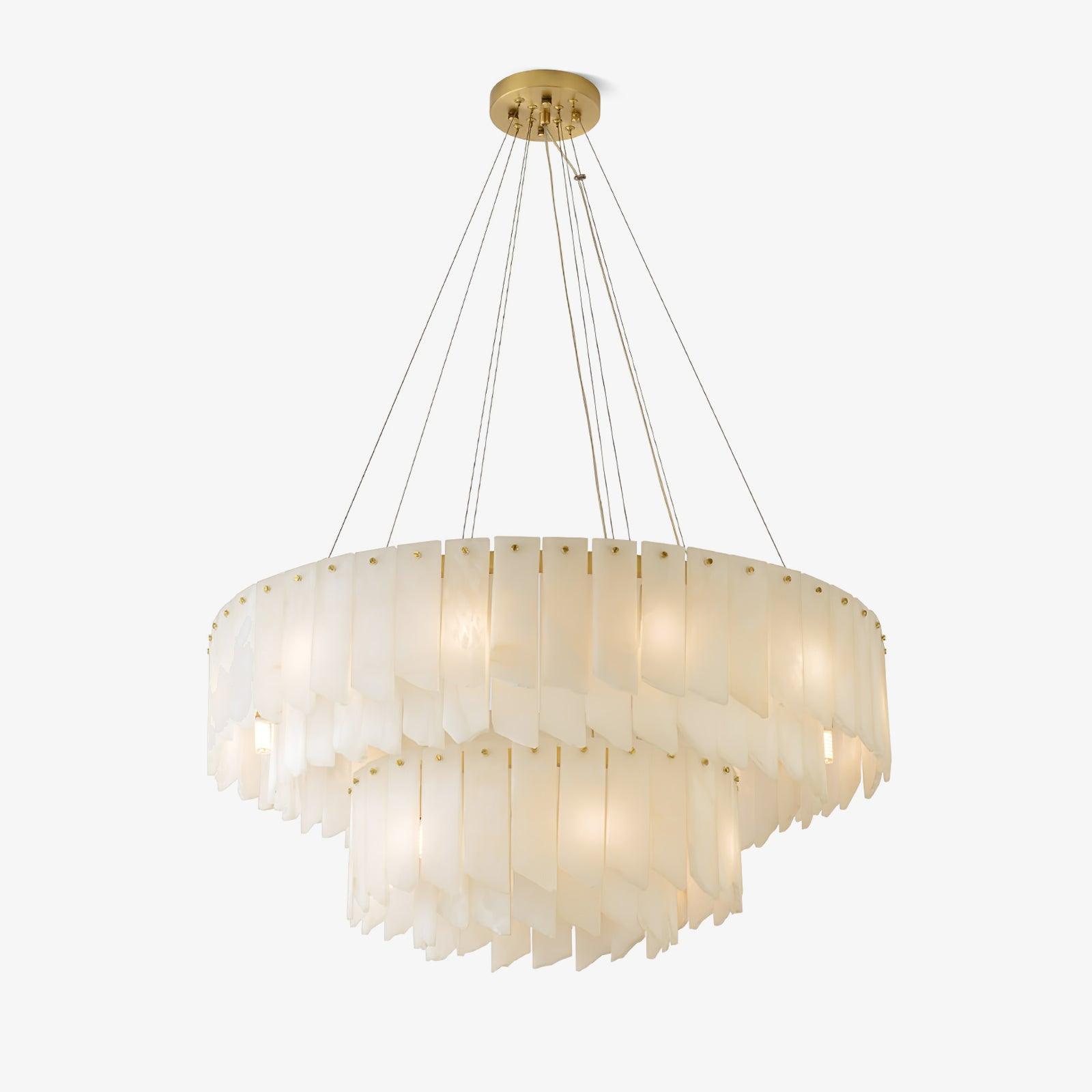 The Clérachic cascade chandelier on white, two tiers hung on fine cables from a brass canopy.
