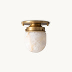 This Clérachic alabaster flush mount on a plain white backdrop, a brass canopy above a veined white stone shade.