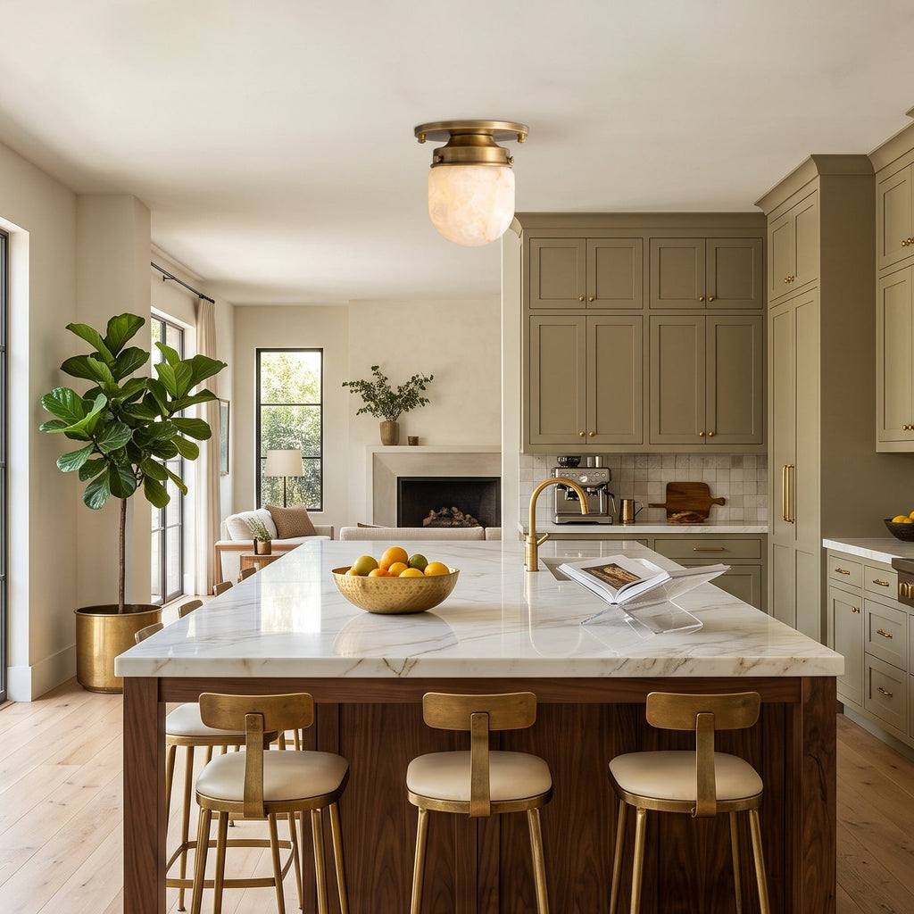 A Clérachic alabaster ceiling light above a kitchen island with a marble top, sage-green cabinets and a fiddle-leaf fig behind.