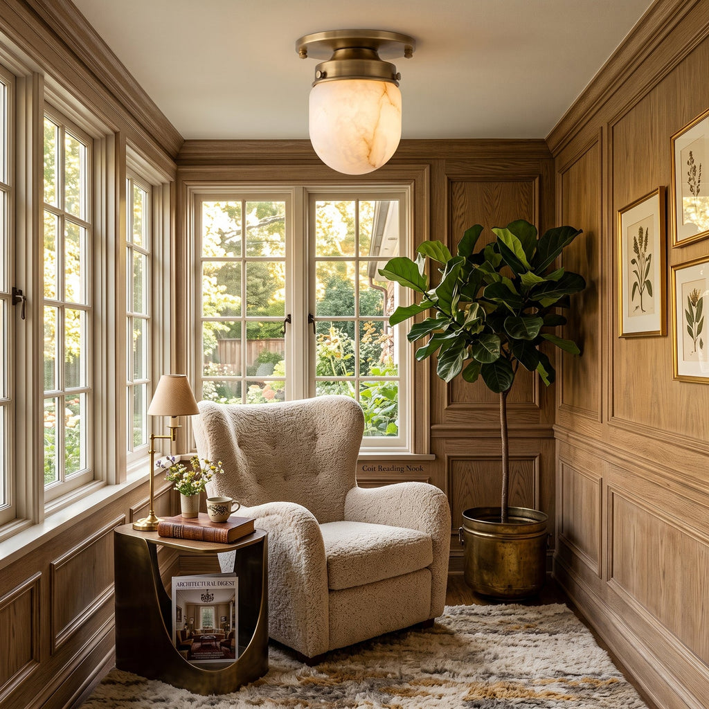 Alabaster flush mount from Clérachic glowing softly in a wood-panelled sunroom, over an armchair and a tall potted plant.