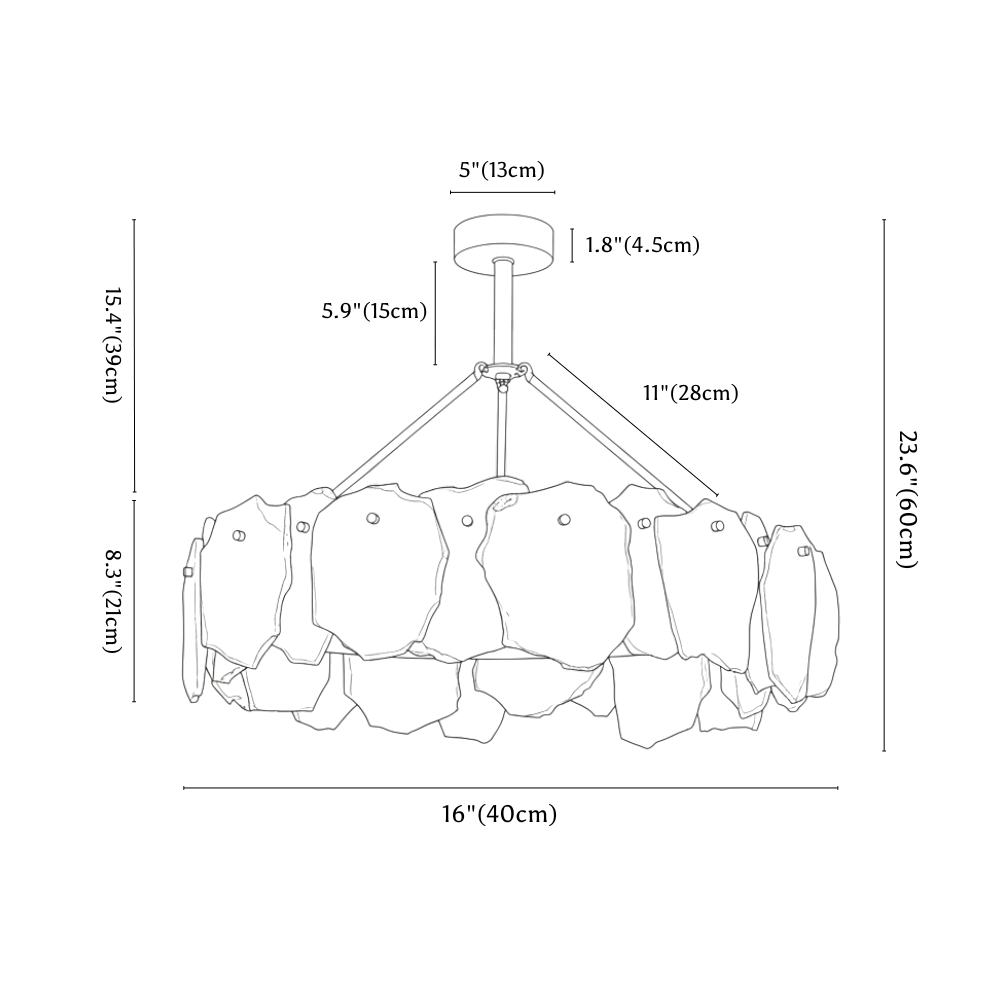 Clérachic chandelier dimension drawing, Round, 40 × 60 cm, every measurement marked in centimetres and inches.