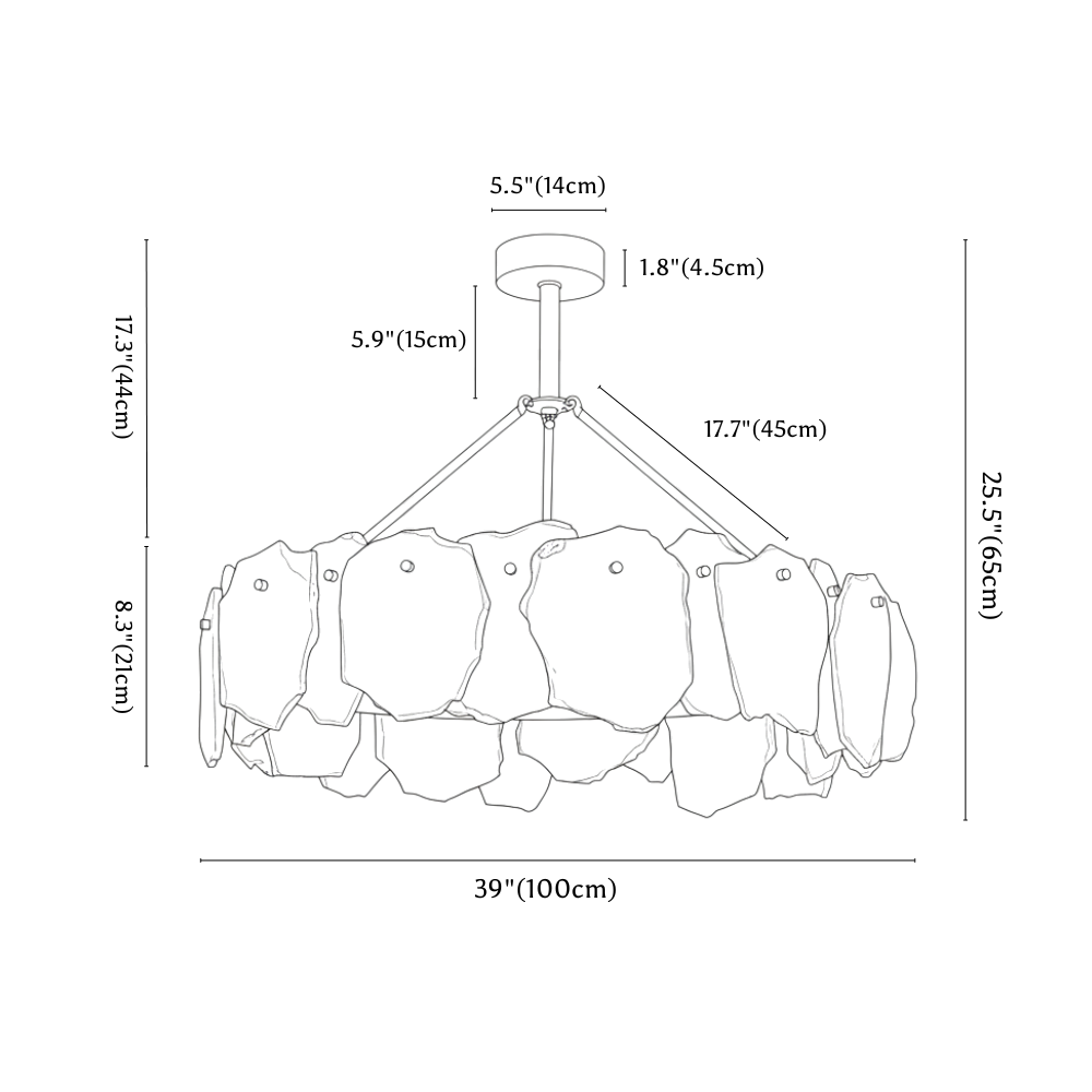 Clérachic chandelier dimension drawing, Round, 100 × 65 cm, every measurement marked in centimetres and inches.