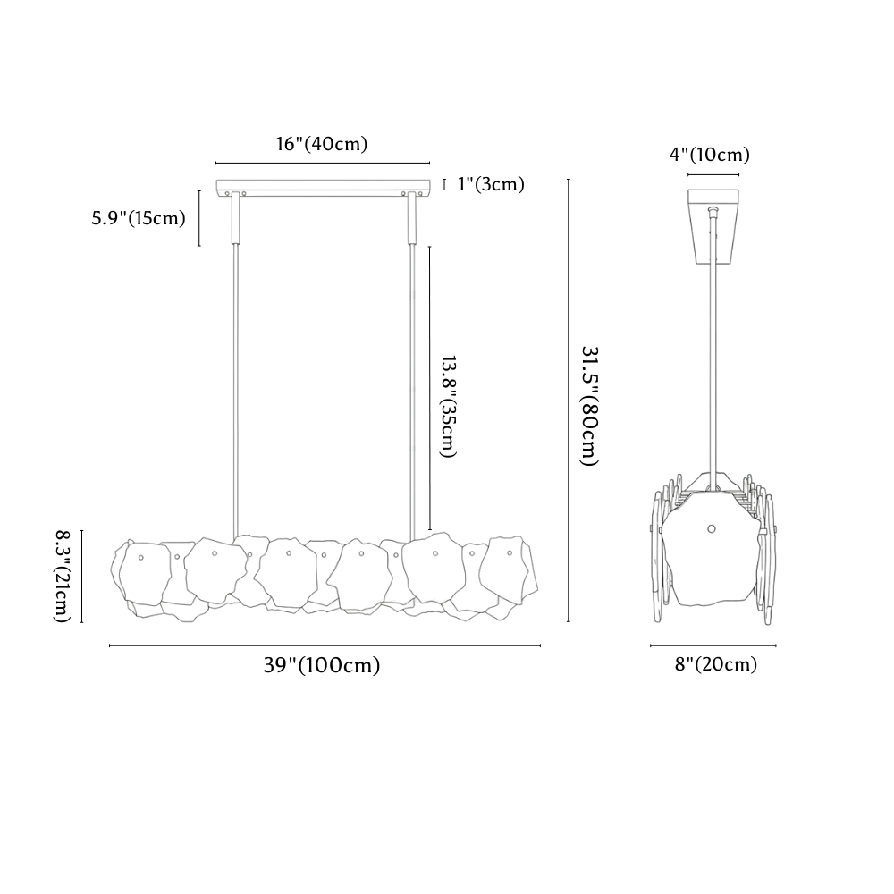 Clérachic chandelier dimension drawing, Linear, 100 × 80 cm, every measurement marked in centimetres and inches.