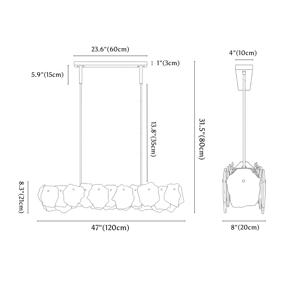 Clérachic chandelier dimension drawing, Linear, 120 × 80 cm, every measurement marked in centimetres and inches.