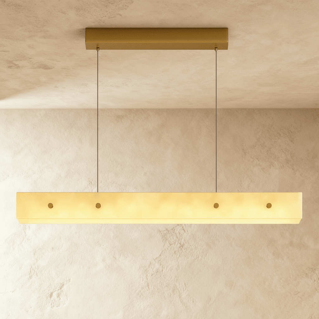 Clérachic rectangular alabaster pendant glowing warm gold on two thin cables from a brass ceiling plate, against a limewash wall.
