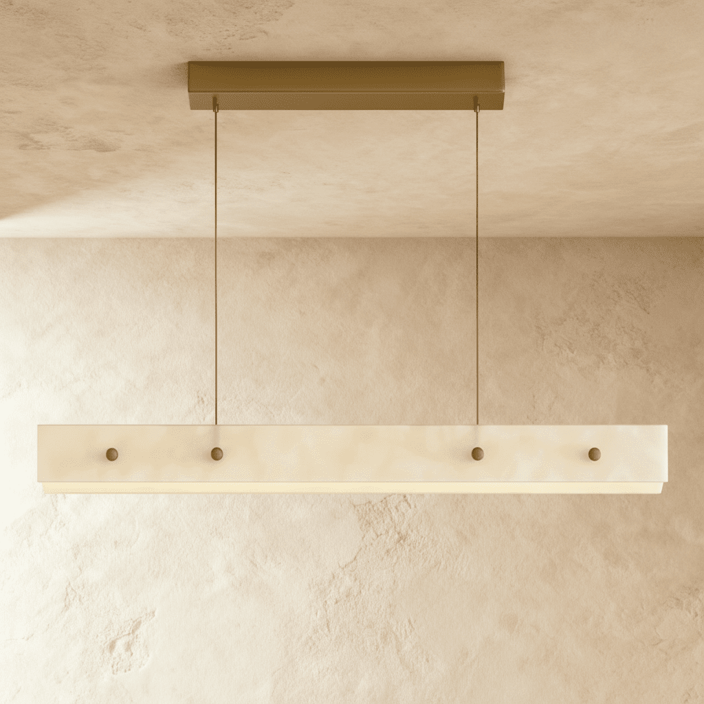 Clérachic long alabaster pendant lit softly, its pale veined stone face with four brass studs hanging from a brass ceiling bar.