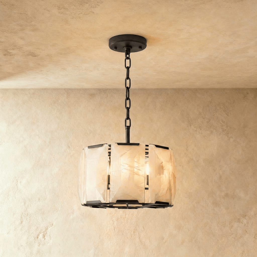 Clérachic alabaster drum chandelier, 48 cm wide, in matte black on a short chain against a limewashed wall