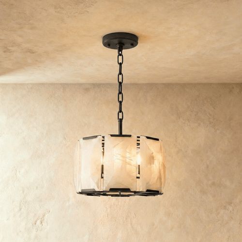 Clérachic alabaster drum chandelier, 48 cm wide, in matte black on a short chain against a limewashed wall