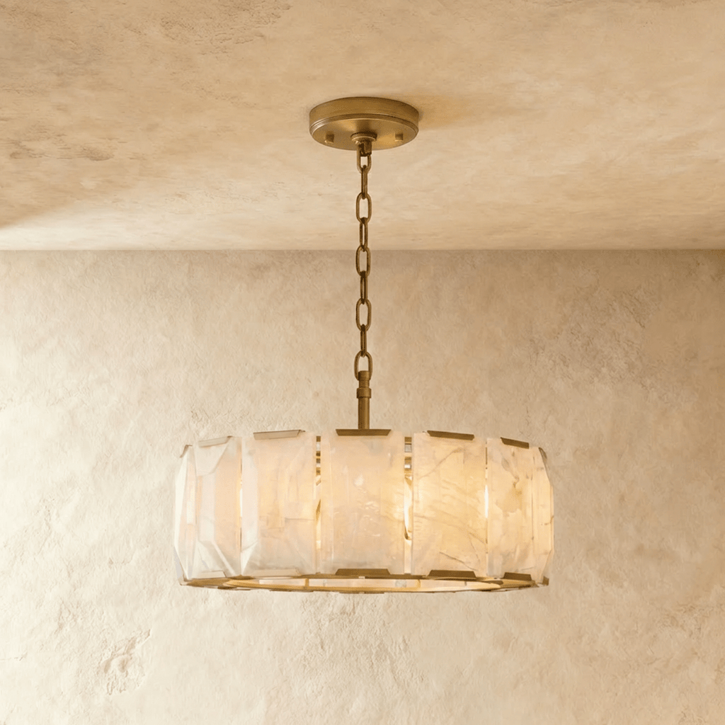 Clérachic alabaster chandelier, 78 cm wide, in lacquered burnished brass, lit warm against limewashed plaster