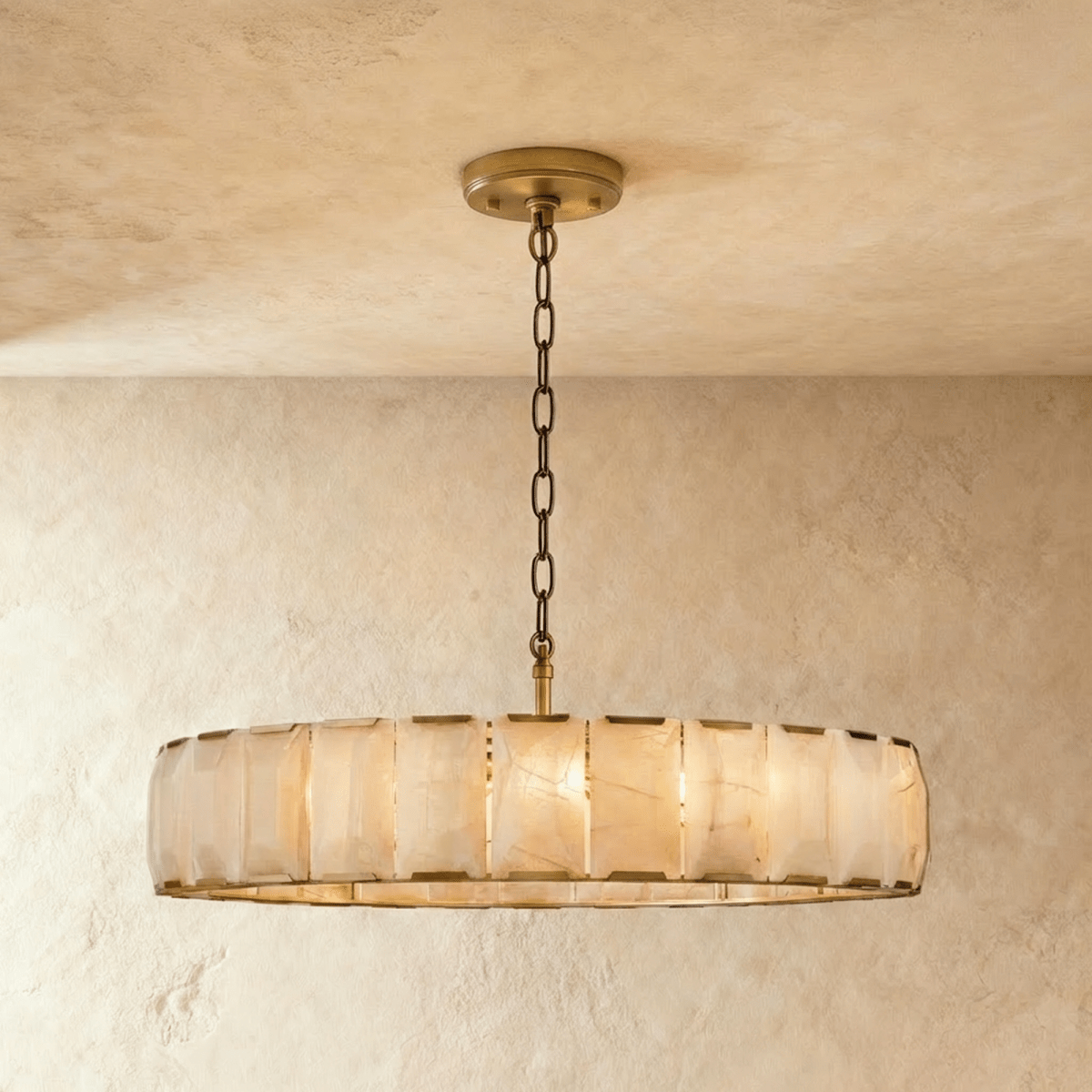Clérachic large alabaster ring chandelier, 147 cm wide, in burnished brass with chain and round canopy