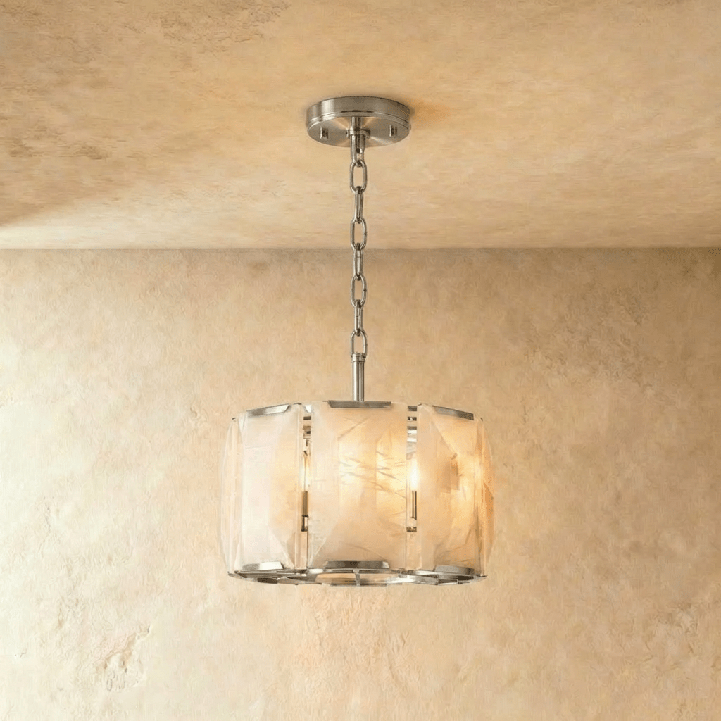 Clérachic small alabaster drum chandelier, 48 cm wide, in polished stainless steel on a steel chain