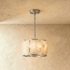 Clérachic small alabaster drum chandelier, 48 cm wide, in polished stainless steel on a steel chain