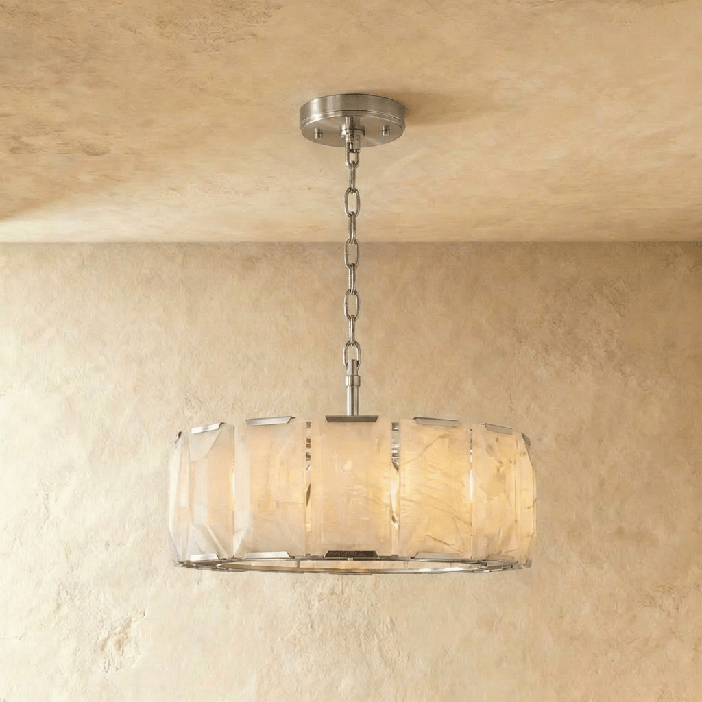 Clérachic alabaster ring chandelier, 78 cm wide, with polished stainless steel frame, chain and canopy