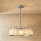 Clérachic alabaster ring chandelier, 107 cm wide, in polished stainless steel hung on a chain and straight rod