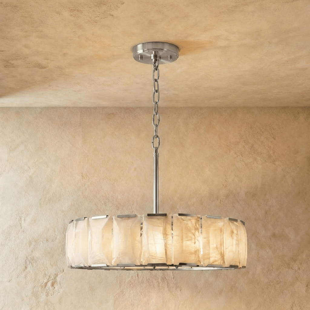 Clérachic alabaster ring chandelier, 107 cm wide, in polished stainless steel hung on a chain and straight rod
