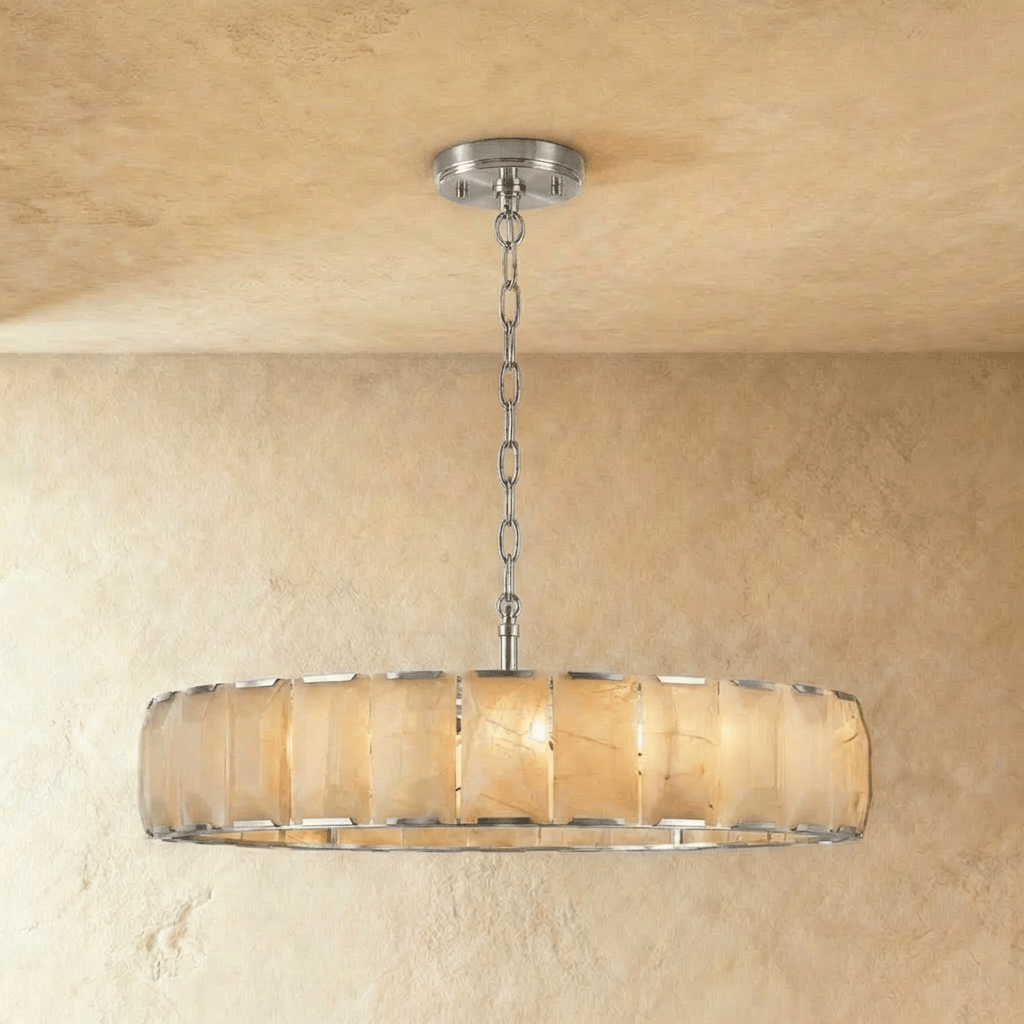 Clérachic wide alabaster chandelier, 147 cm across, polished stainless steel frame, lit warm below a steel canopy