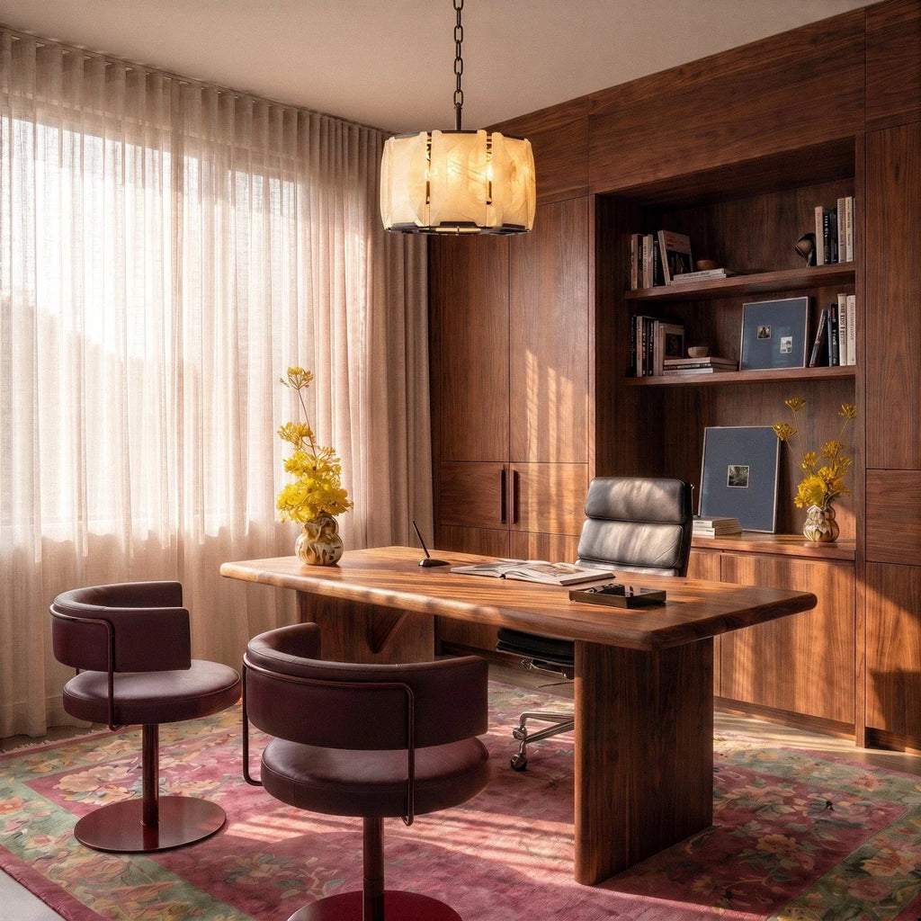 Clérachic alabaster drum chandelier in matte black hanging above a walnut desk in a sunlit study