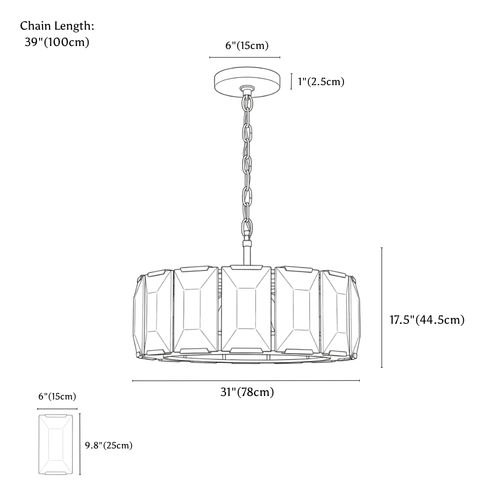 Clérachic chandelier dimension drawing, 78 cm, every measurement marked in centimetres and inches.