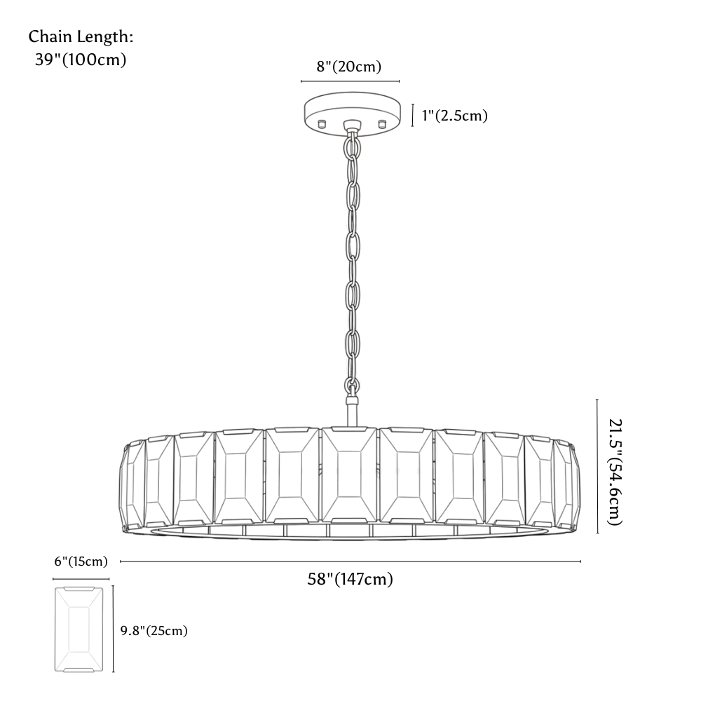 Clérachic chandelier dimension drawing, 147 cm, every measurement marked in centimetres and inches.