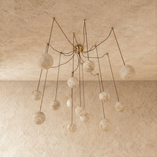 Clérachic spider-style chandelier of veined alabaster-look globes on long thin cords, shown unlit under a limewash ceiling.