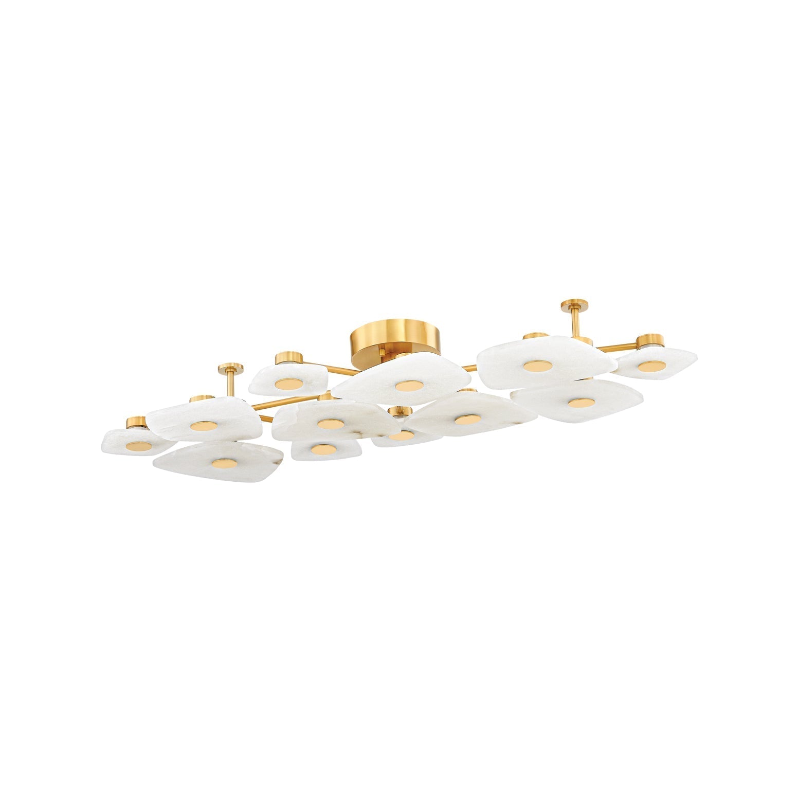 Studio view of the linear Clérachic Alabaster Cluster Ceiling Light unlit, twelve pale stone shades staggered on brass arms.