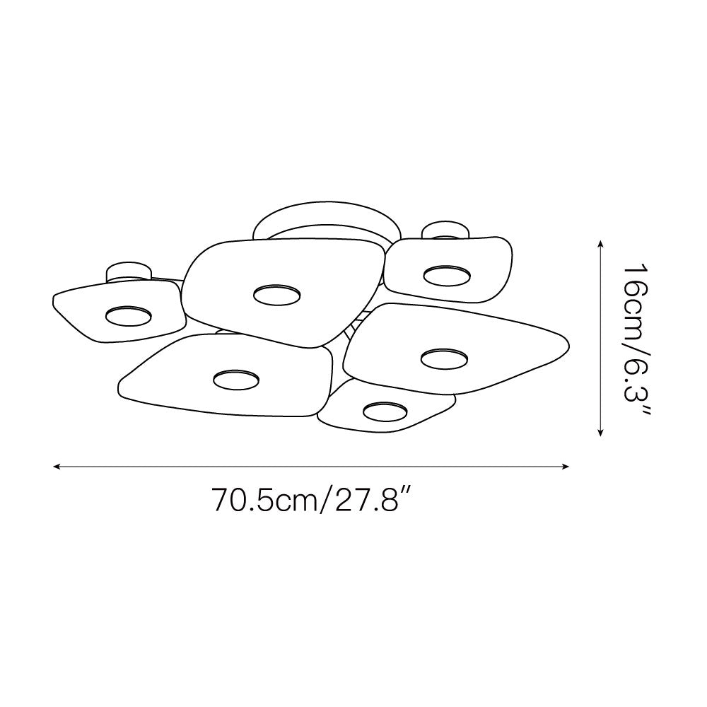 Dimension drawing for the round Clérachic Alabaster Cluster Ceiling Light, 70.5 cm (27.8″) wide and 16 cm (6.3″) high.